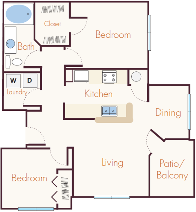 Floor plan for 2 beds, 1 bath, 975 sqft